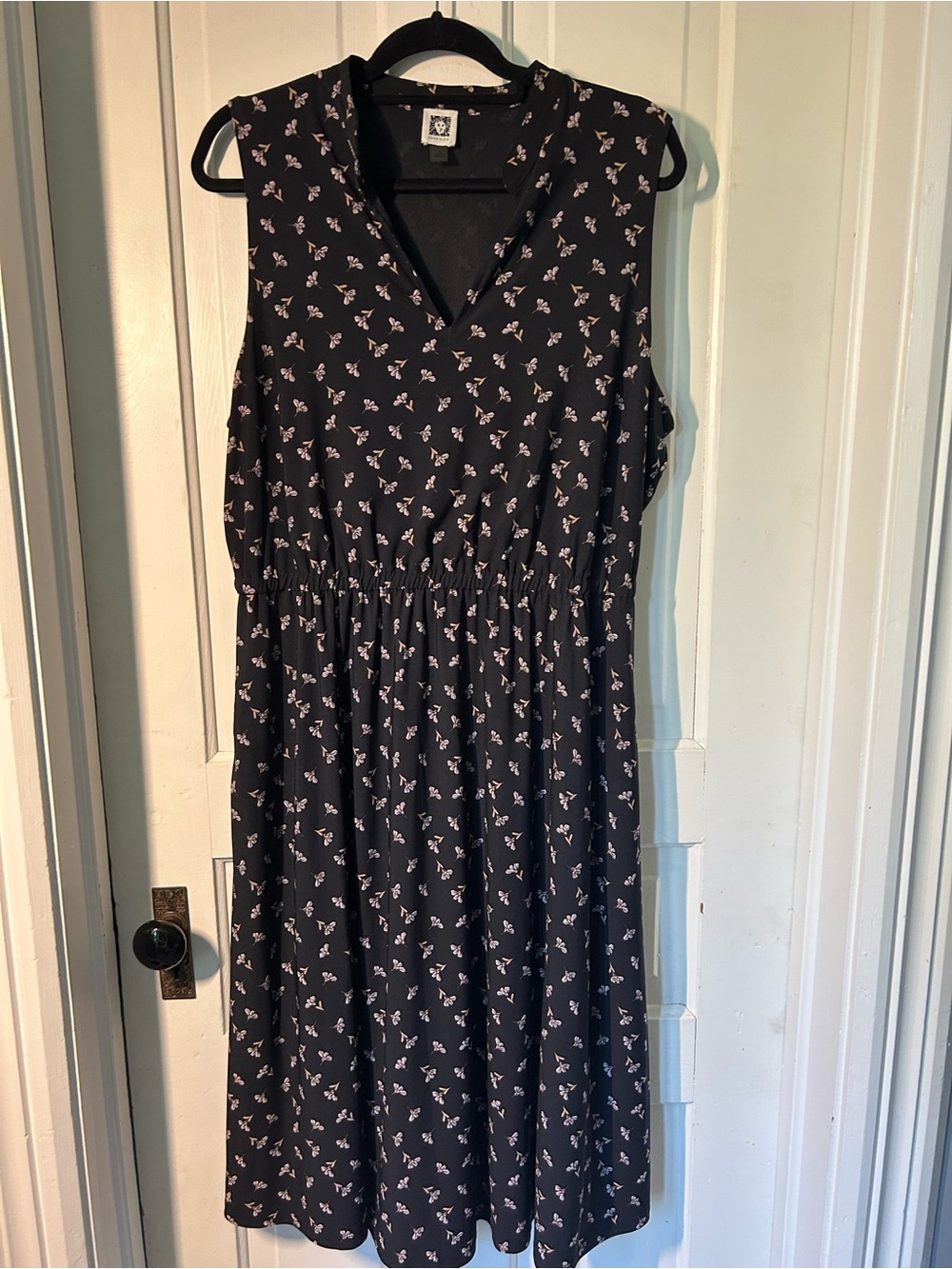 Anne Klein Black Sleeveless V-Neck Floral Midi Dress